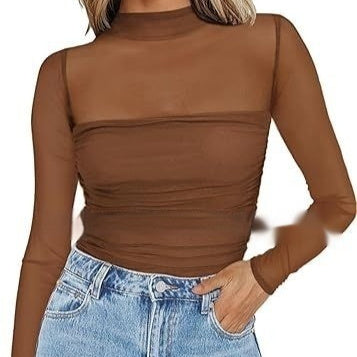 Pure Color Half Collar Mesh Stitching Sexy Top
