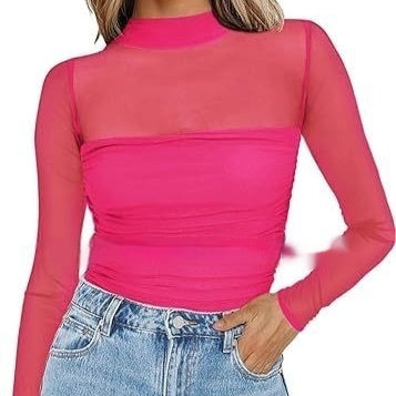 Pure Color Half Collar Mesh Stitching Sexy Top