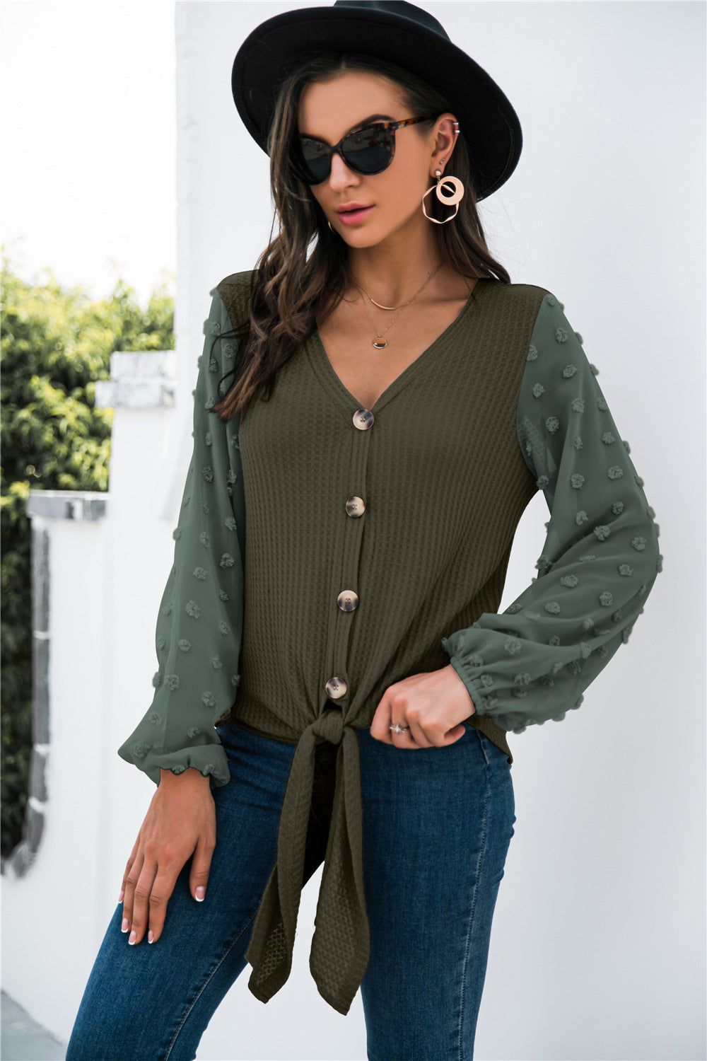 Women's V-neck long-sleeved casual stitching