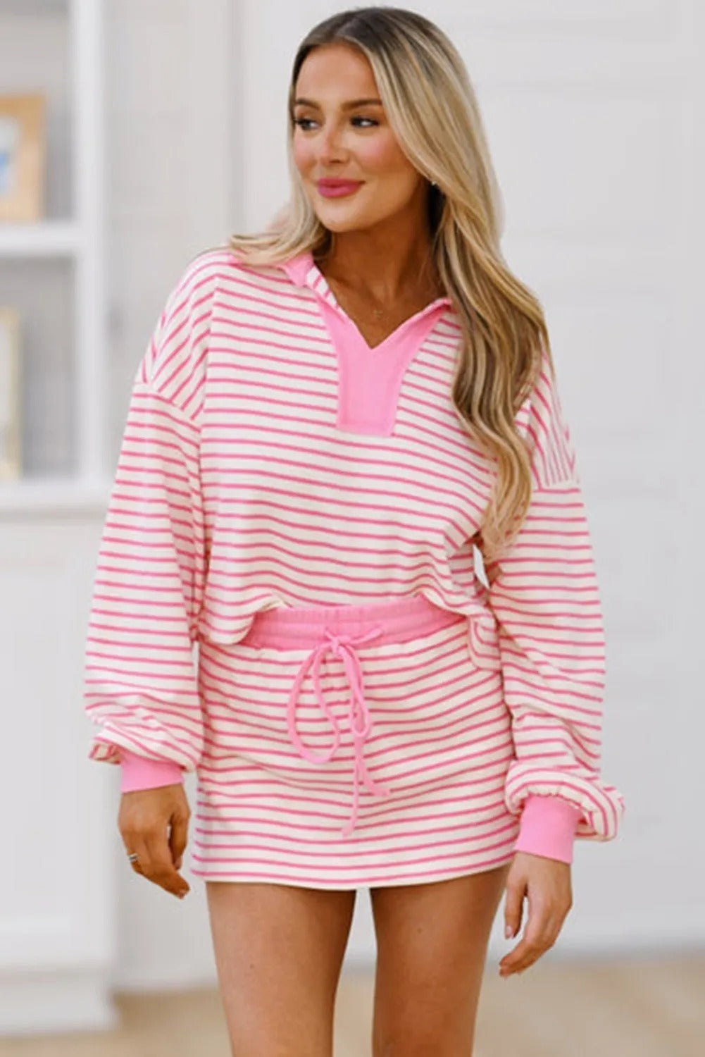 Stripe Collared V Neck Drop Shoulder Pullover And Skort 2pcs Outfit