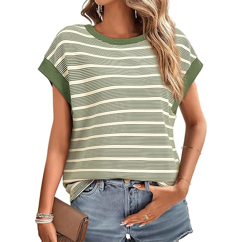 2025YJ Women's Clothing Stylish Loose Round Neck Stripe Knitted T-shirt