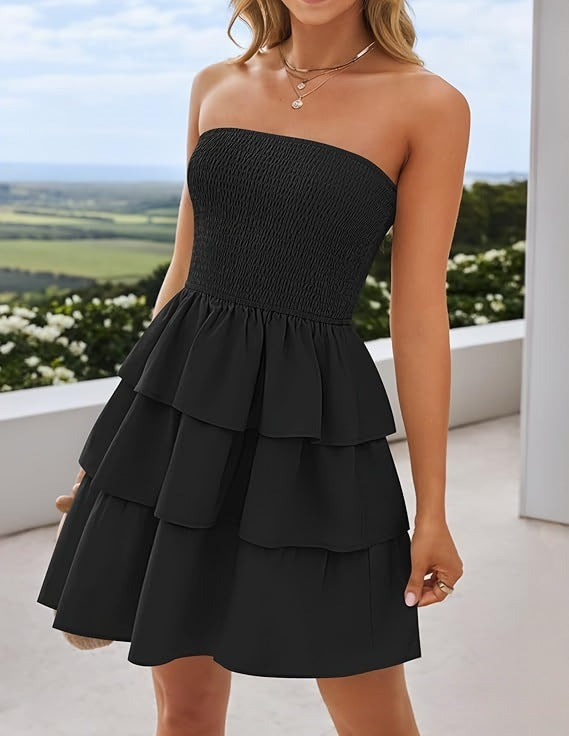 YJ Women's Summer Pleated Tube Top Dress Off-the-shoulder Dress