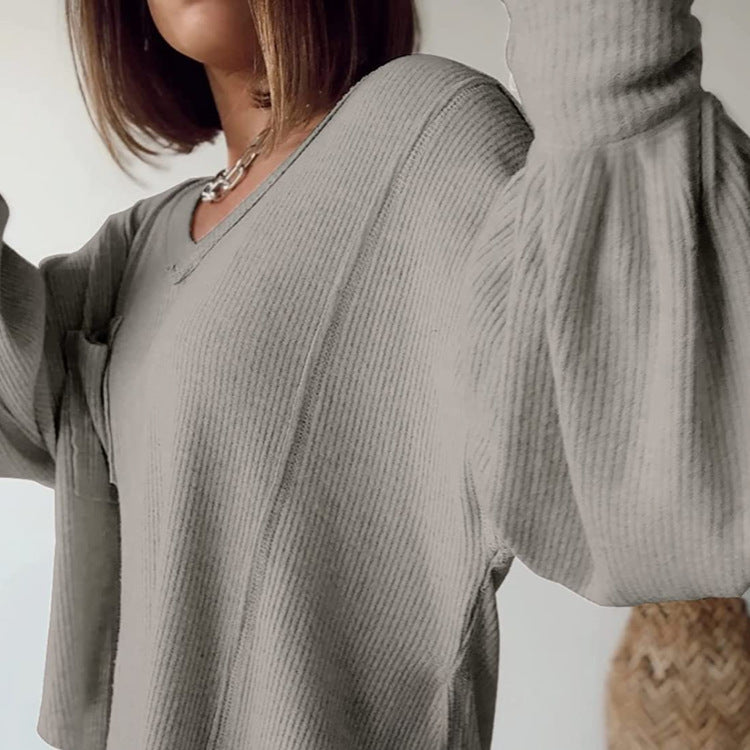 2025YJ Casual V-neck Pocket Lantern Sleeve Loose Knitted Pullover Shirt Women