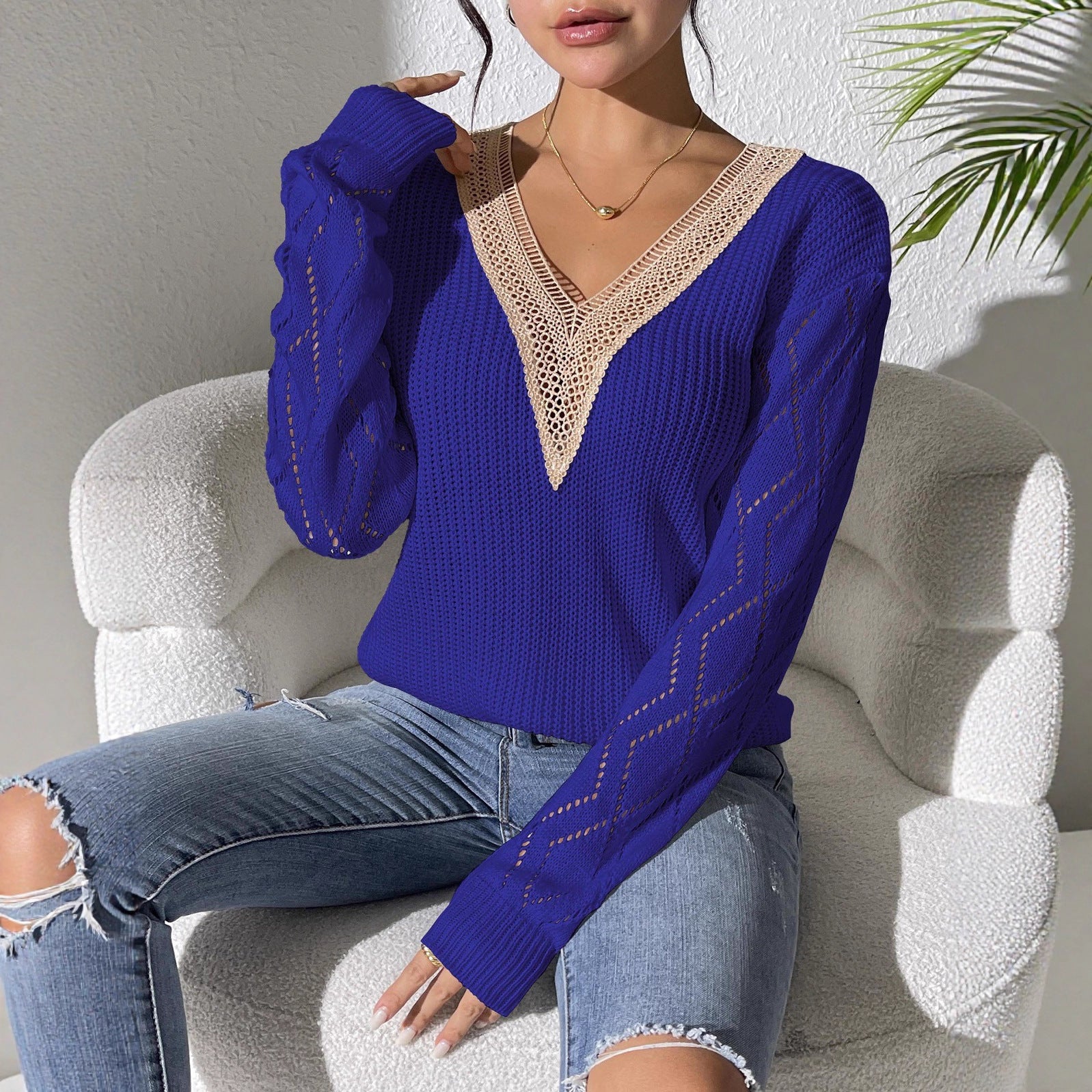 2025YJ Ladies Top V-neck Lace Stitching Hollow Out