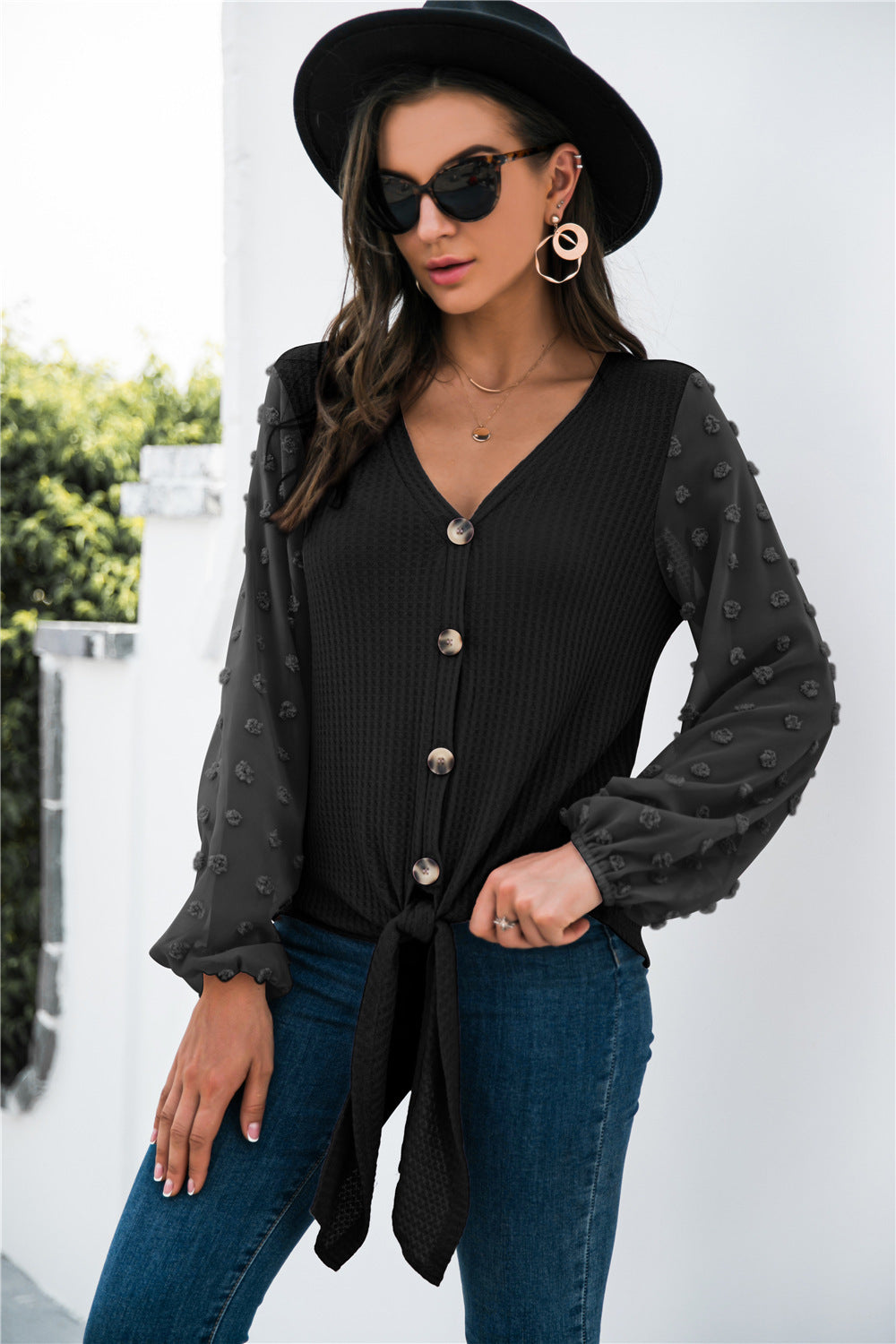 Women's V-neck long-sleeved casual stitching