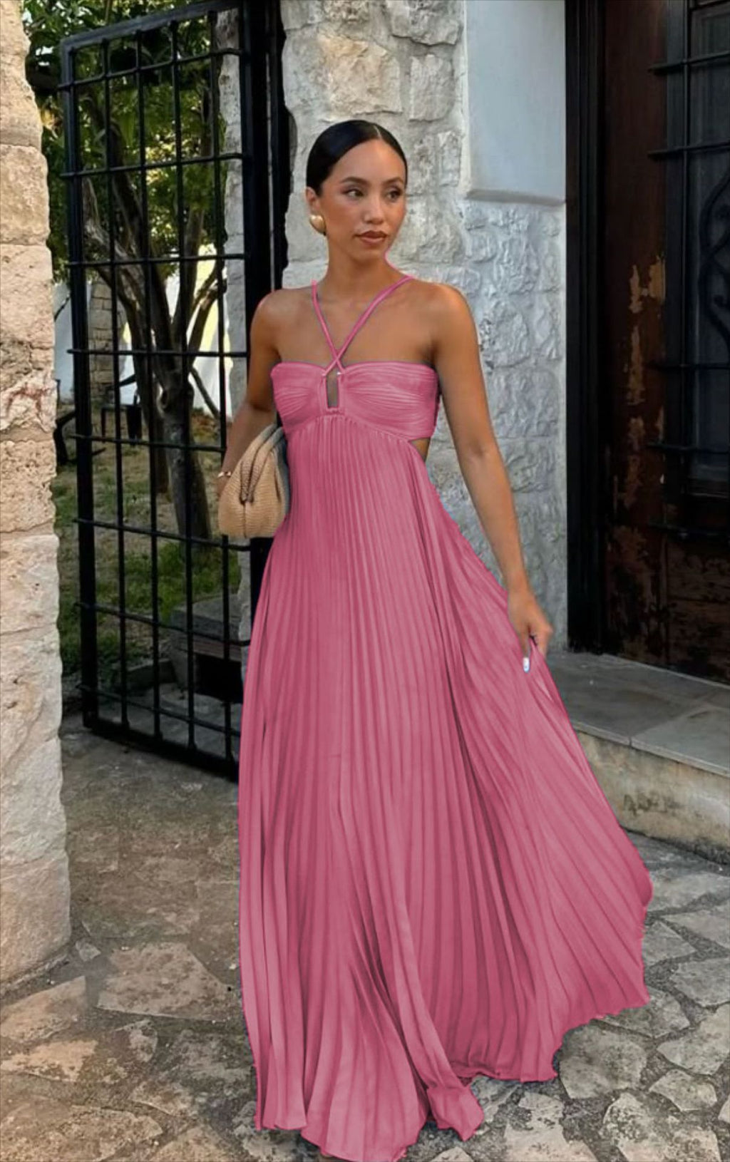 2025YJ Ins Pleated Sleeveless Sling Dress Hollow High Waist Halter Robe Dresses For Evening Party Club Clothing Women
