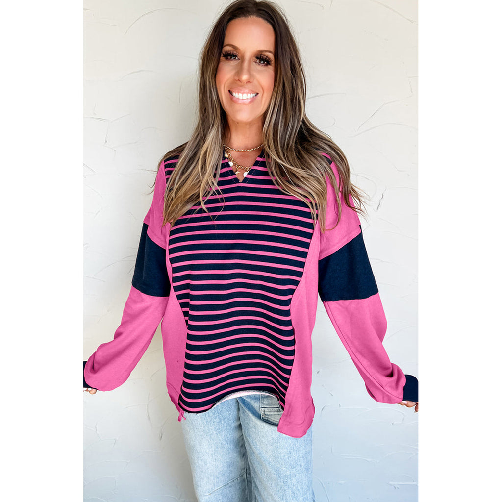 Color Contrast Patchwork V-neck Long Sleeve Top