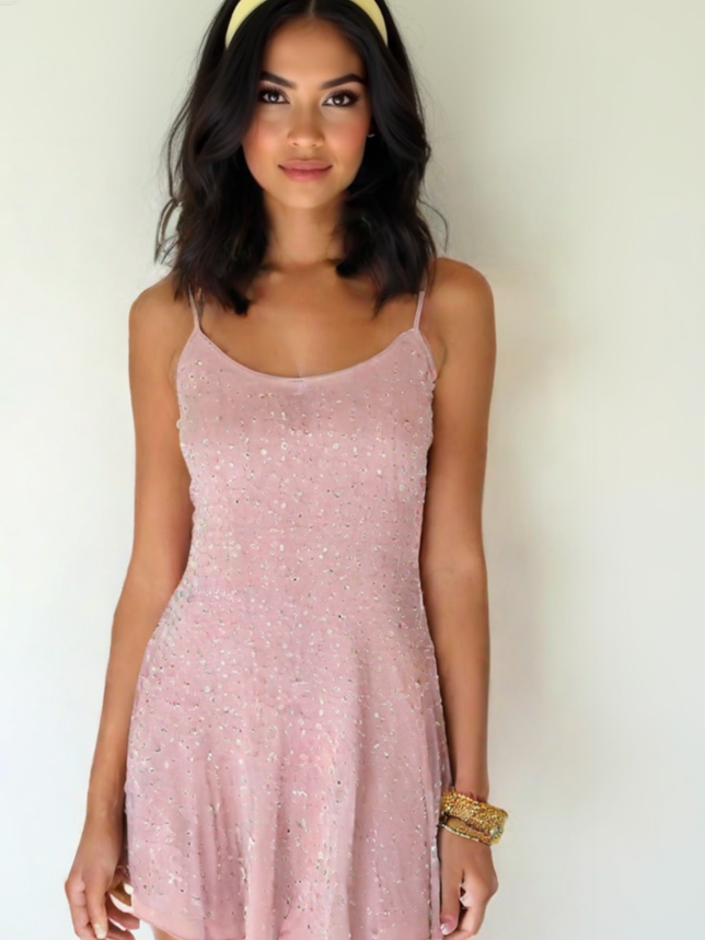 Trendy Rhinestone Sheer Party Dress - Women's Sexy Mini